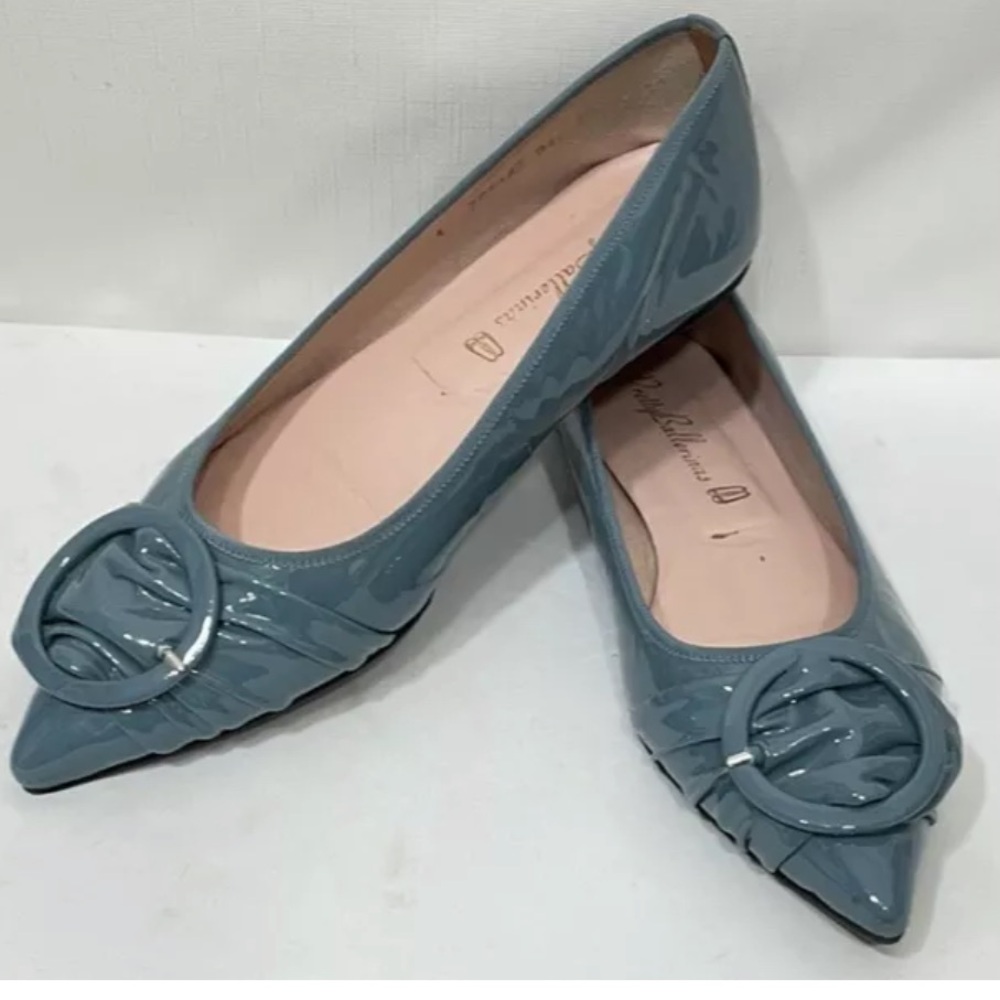 Pretty Ballerinas Flats 38 Blue Patent Leather Buckle Point Toe shoes ELLA
